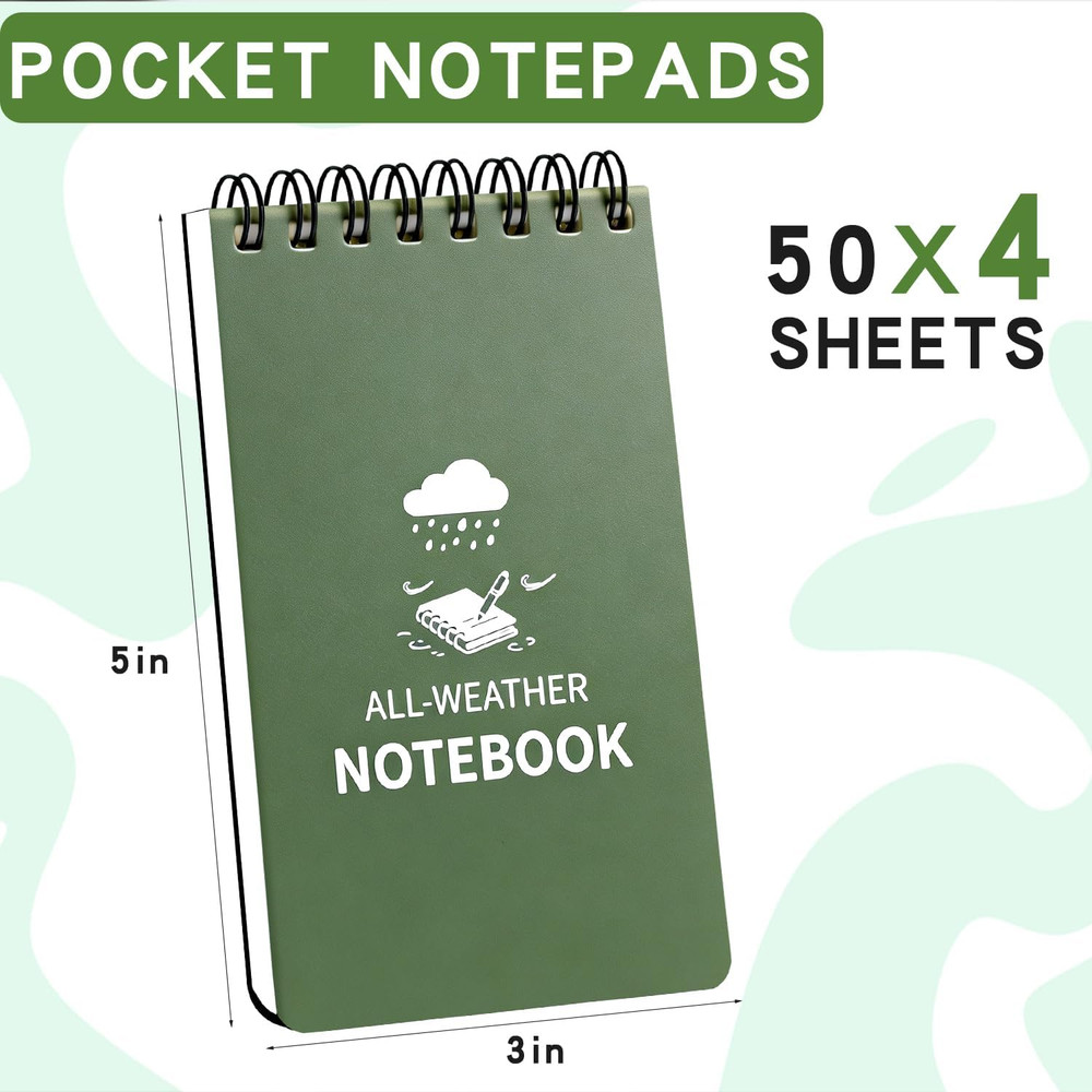 Waterproof Notebook, 4 Pack Pocket Notepad, 3" X 5" Top-Spiral Weatherproof Note