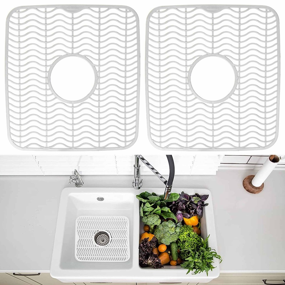 Sink Protector Mat 2 Pack Plastic with Center Drain Cutout Protect Sink 11 x 12"
