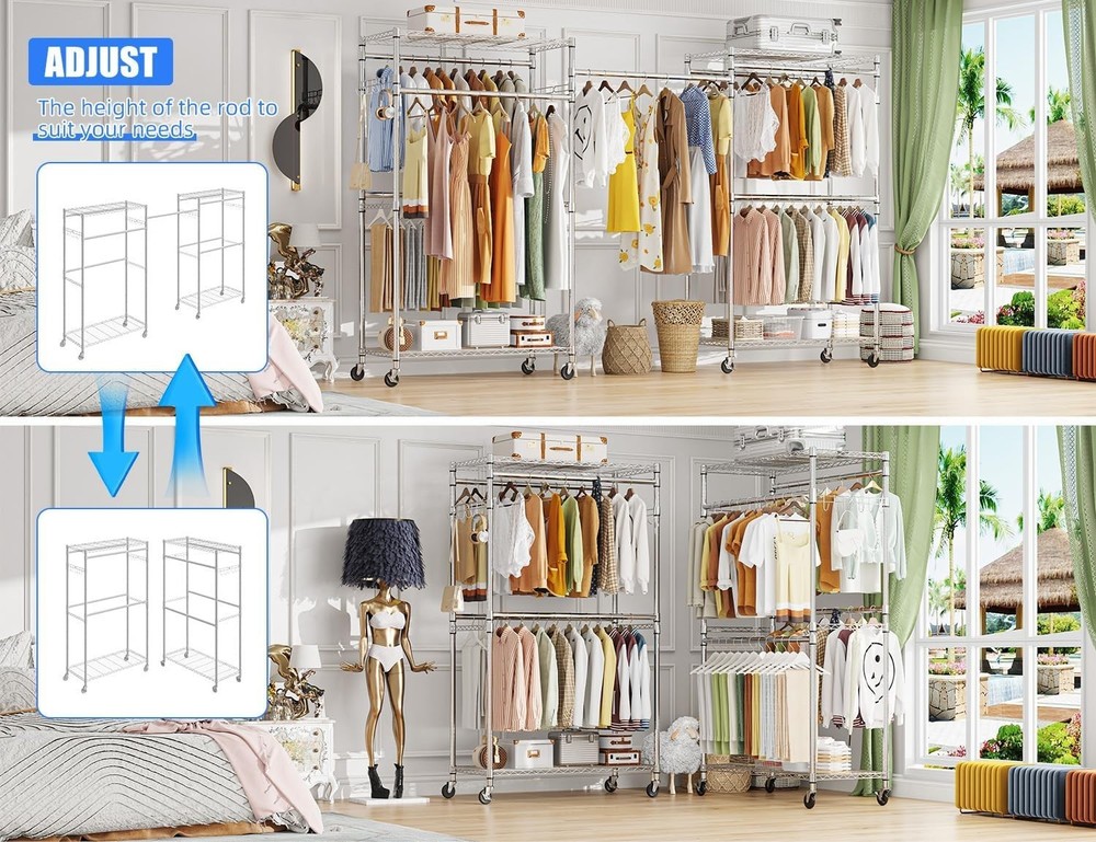 Heavy Duty Chrome Clothes Rack with Wheels - Adjustable 4 Rods, 560 LB Capacity