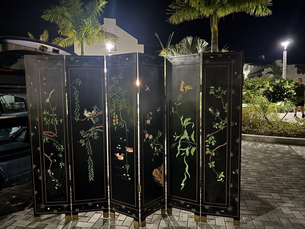 Antique Oriental 6 Panel black Lacquered Coromandel Screen Double-Sided Divider