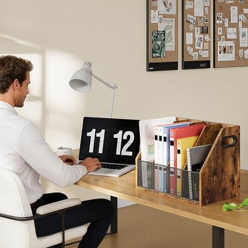 Wooden Desktop File Organizer with Removable Dividers, Mesh Front Panel for