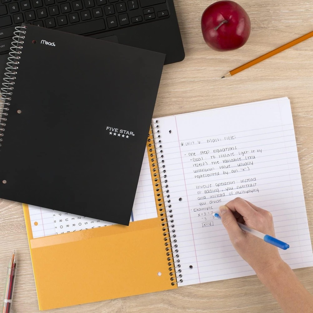 5 Subject Spiral Notebook + Study App, Ink Bleed Resistant, 200 Sheets, Black
