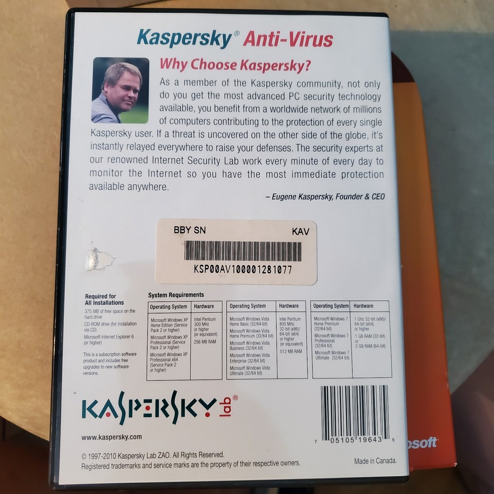 KASPERSKEY Lab Anti-Virus 2010 Protection PC Computer Security Software & Code