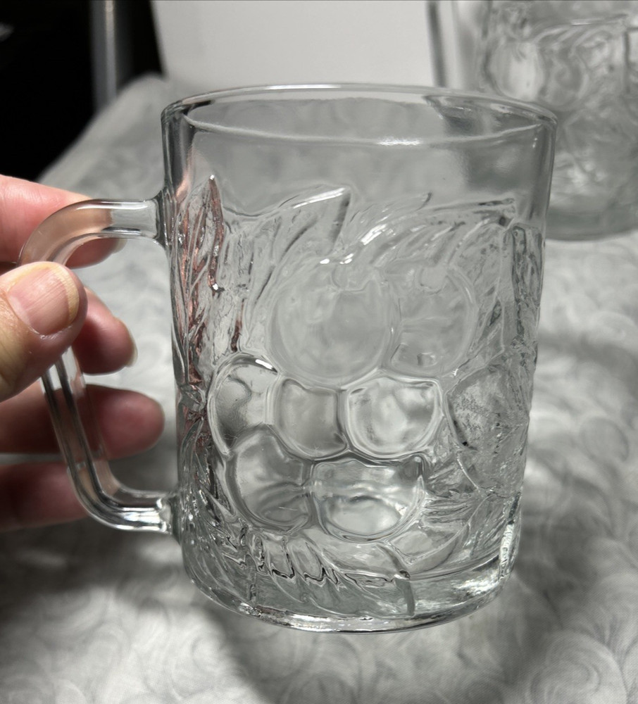 2 KIG Indonesia Clear Glass Grape & Leaf Pattern Cups Mugs 4"