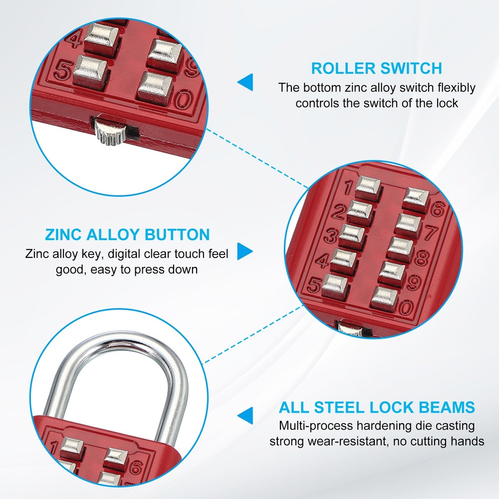 2Pcs Push Button Combination Padlock 10-Digit 5-Position Lock Red