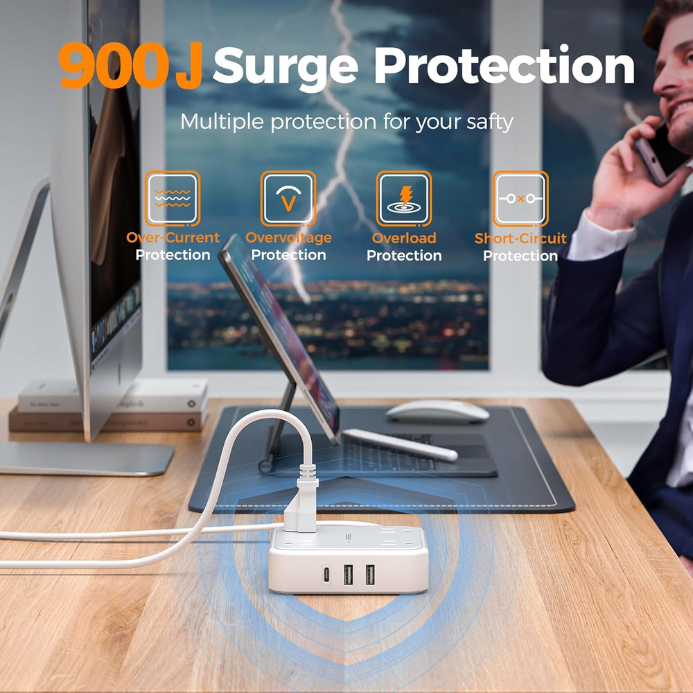 Flat Plug Extension Cord 5 Ft, Surge Protector Power Strip Ring Pull with 3 USB