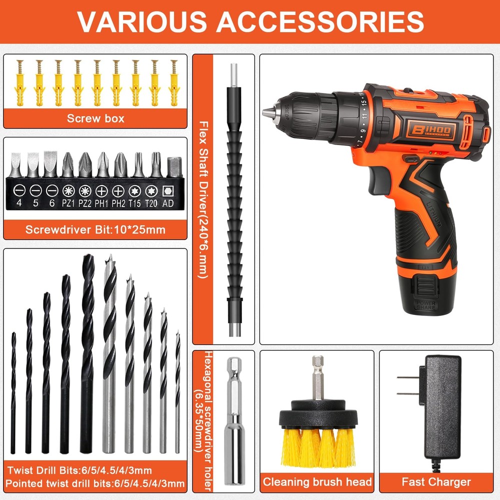 Cordless Drill Driver Set 12V,3/8"Keyless Chuck Battery Drill Kit,2 Variable ...