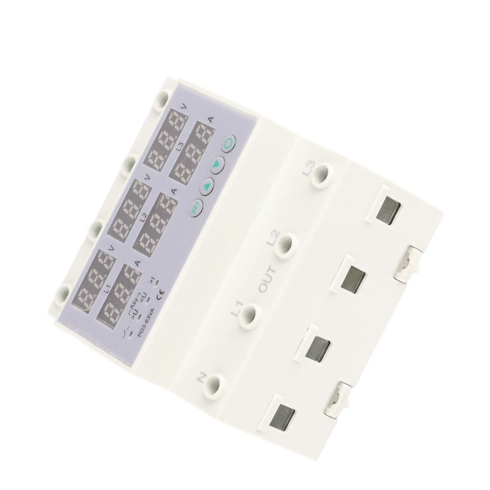 63A 3Phase DIN Rail Voltmeter Ammeter Auto-Overvoltage Overcurrent Protector AC