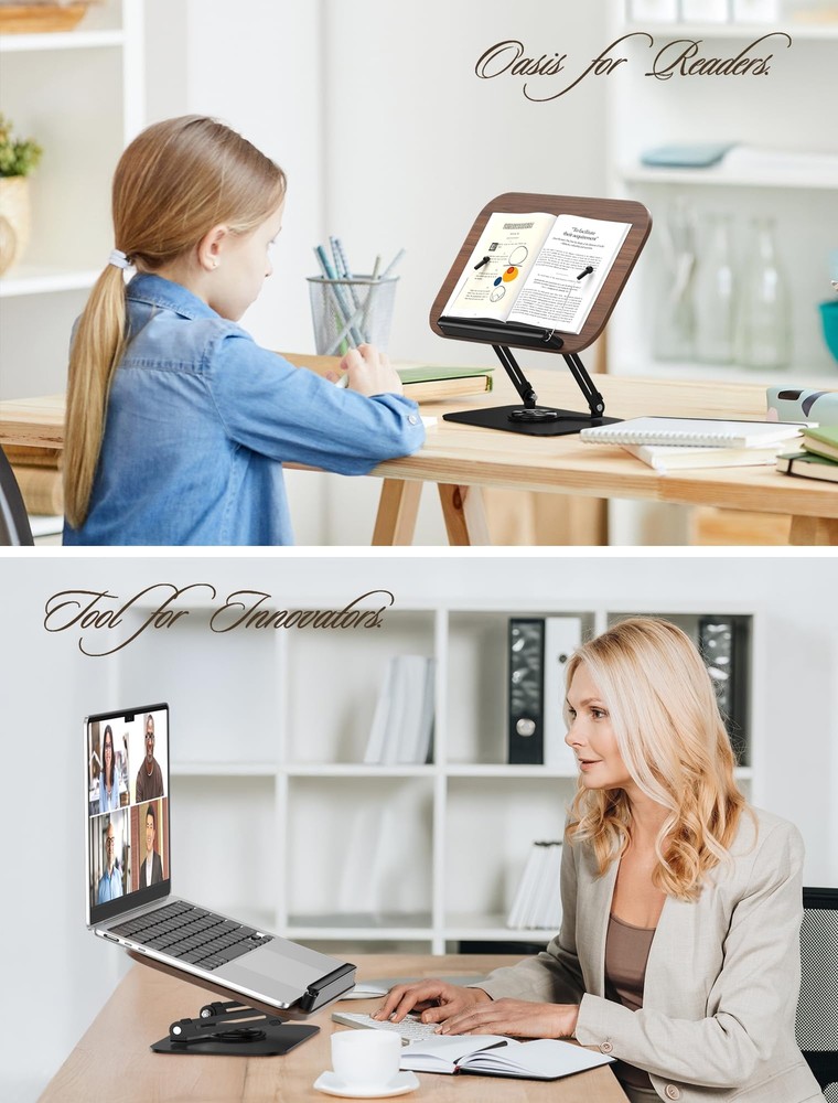 Book Stand for Reading Adjustable Book Holder with 360° Rotating Base Foldabl...
