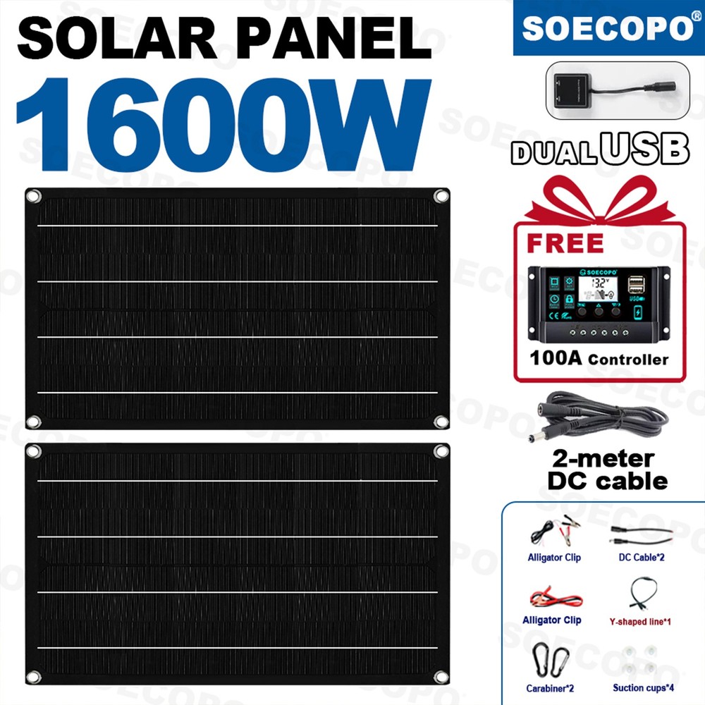 1600W Solar Panel Kit - 2 x 800W + 100A Controller + Extension Cord Multi-Scene