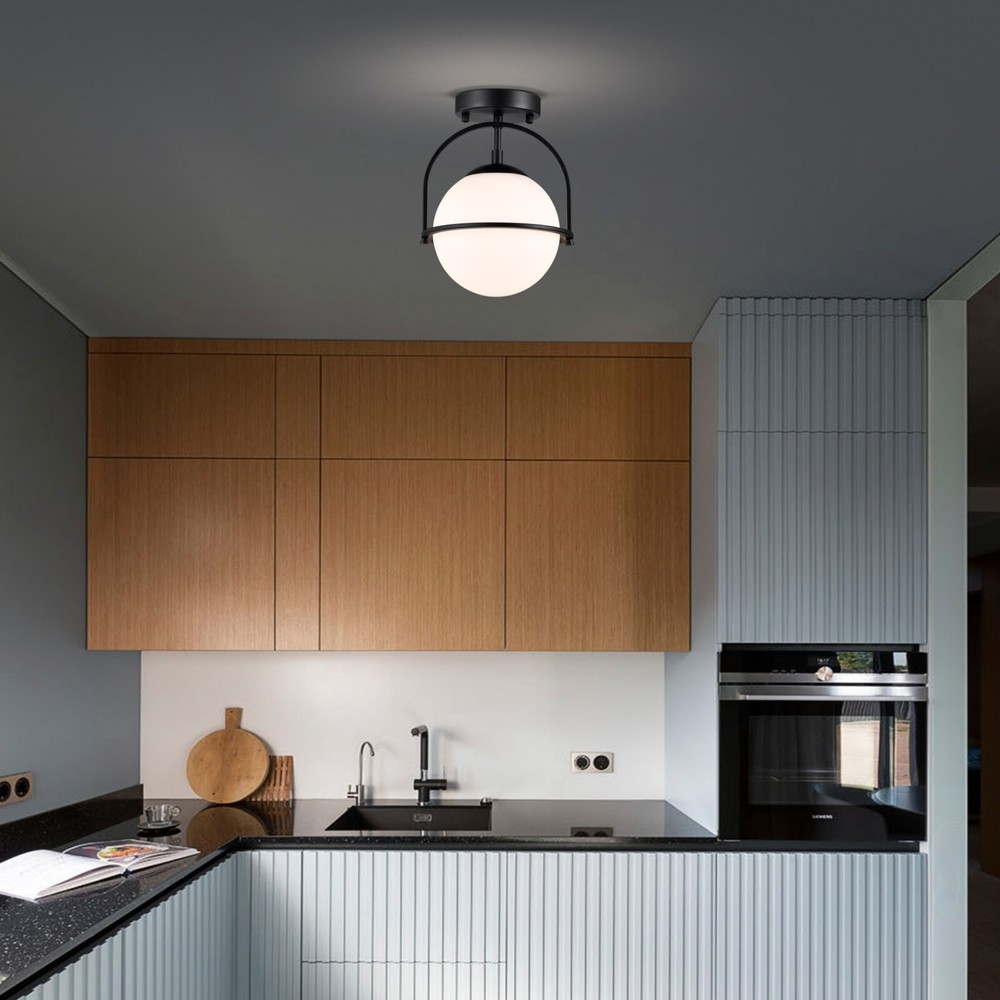 Flush Mount Globe Ceiling Light with Opal Glass Shade, Black E26 Base 1-Light