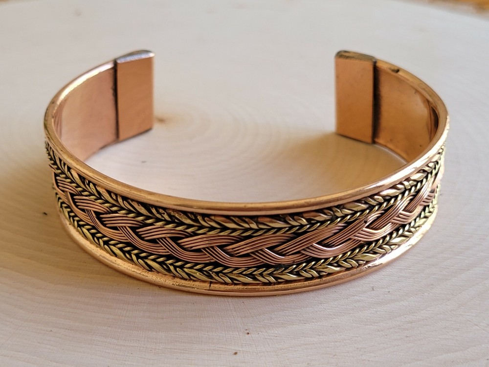 Solid Copper 2 Tone Wide Bangle Cuff - Copper Braided Cuffed Bracelet