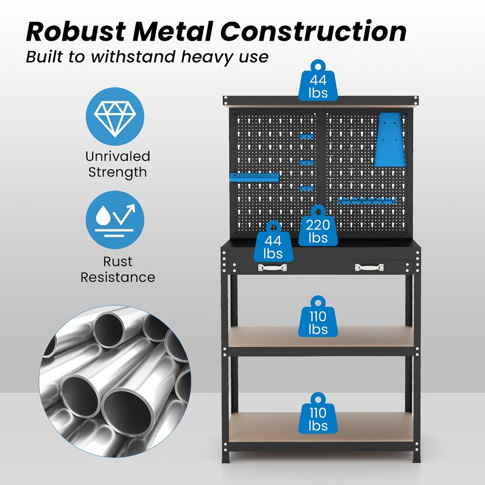 Multi-use Workbench w/ 2 Shelves Heavy-Duty Work Table Tool Storage Bench Black
