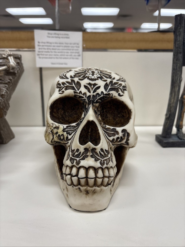 Elegant Damask Engraved Human Skull, Oddities Decor