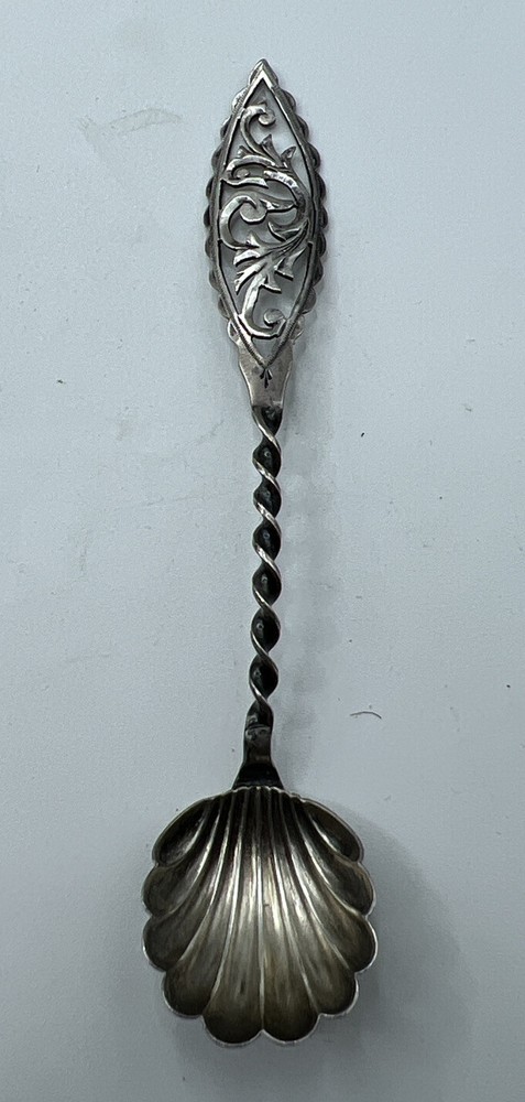 RARE!  Sterling Silver Salt Spoon with Shell Shaped Bowl Twisted Marked 4”