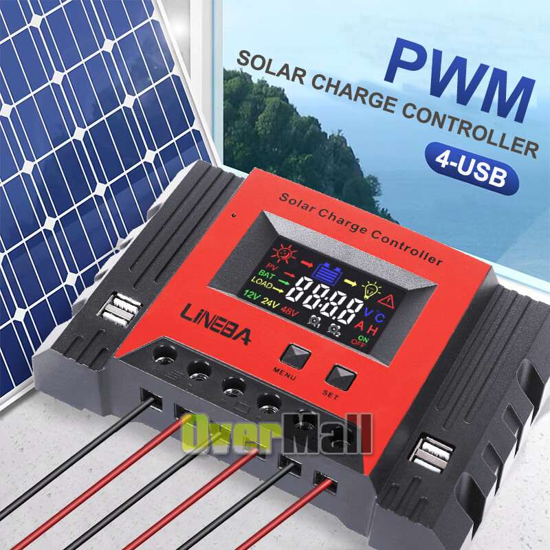 100A Solar Panel Battery Charge Controller 12V/24V/48V LCD Regulator Auto 4 USB