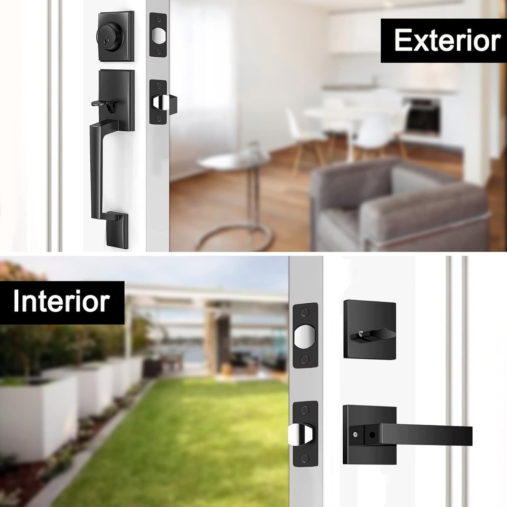Matte Black Double Front Door Handle Lock Set with Keyed & Dummy Handle