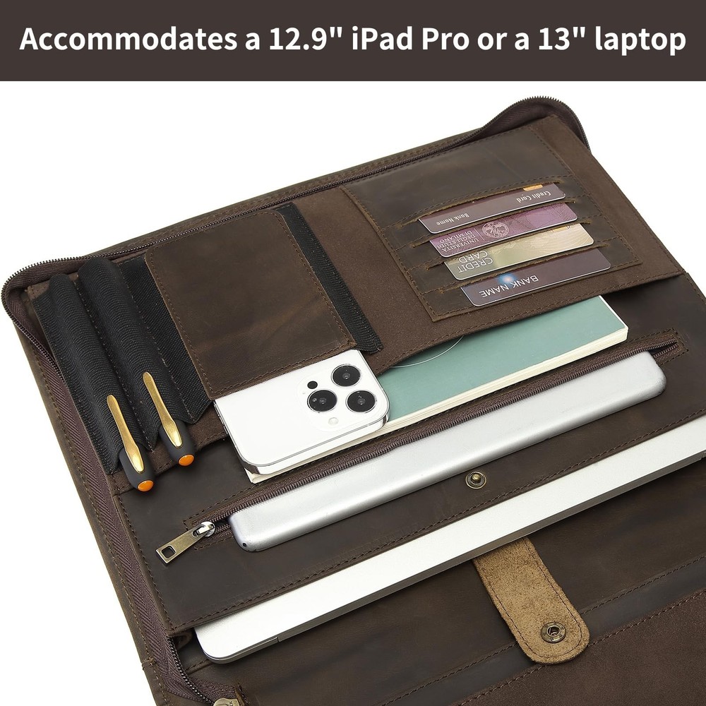 Genuine Leather Portfolio with Hidden Handle, Clipboard Folder, Front Pocket,...