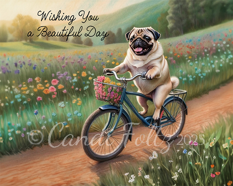 Pug Riding Bicyle Greeting Card Customizable