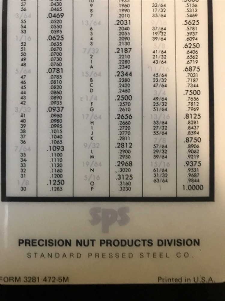 Vintage Precision Nut Tools & Decimal Equivalents & Tap Drill Sizes Chart