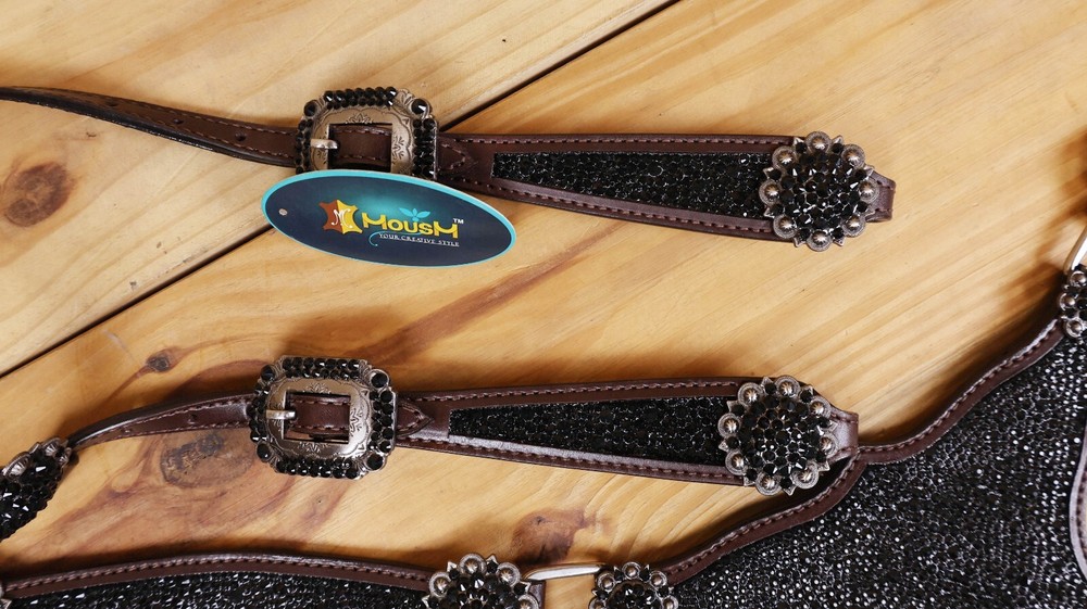 MOUSM One Ear Headstall & Breast Collar Set - Gladiator Style with Bling Strings