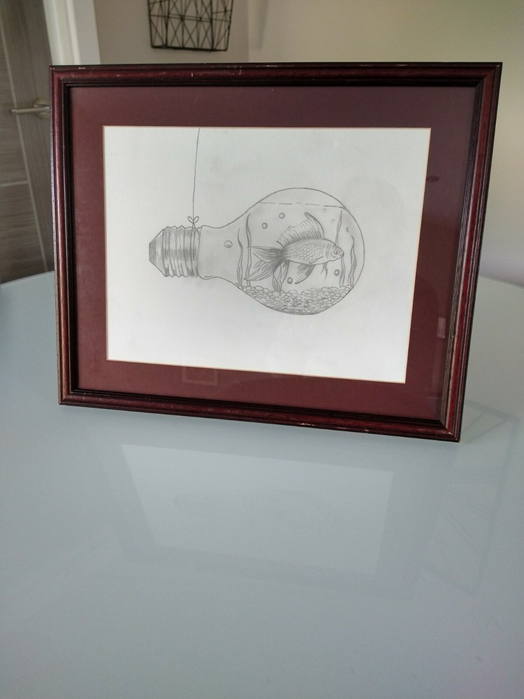 Framed Pencil Sketch Goldfish In A Lightbulb