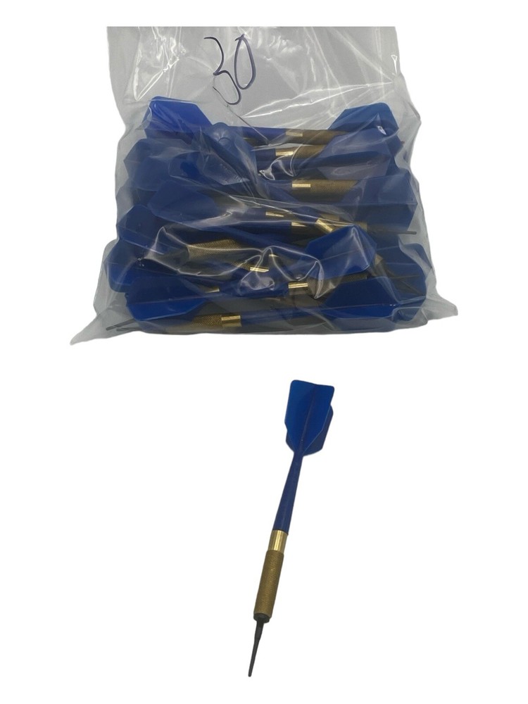 30 Black Plastic Soft Tip Brass Dart Blue Flights
