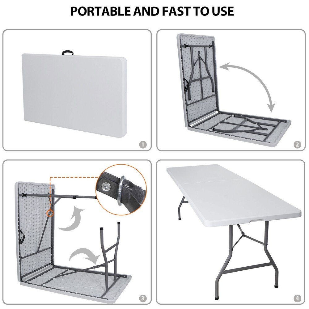 2X 8' Plastic Folding Table Picnic Party Camp Dining Fold-in-Half w/ Handle