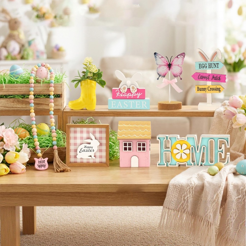 Spring Easter Decorations 8 Pieces Tiered Tray Decor Set, Cute Tabletop Easte...
