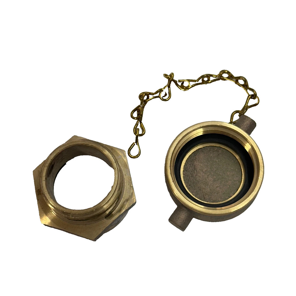 2.5" Brass FDC Set - Fire Hydrant Cap with Chain & Hex Nut Adapter Fitting - New