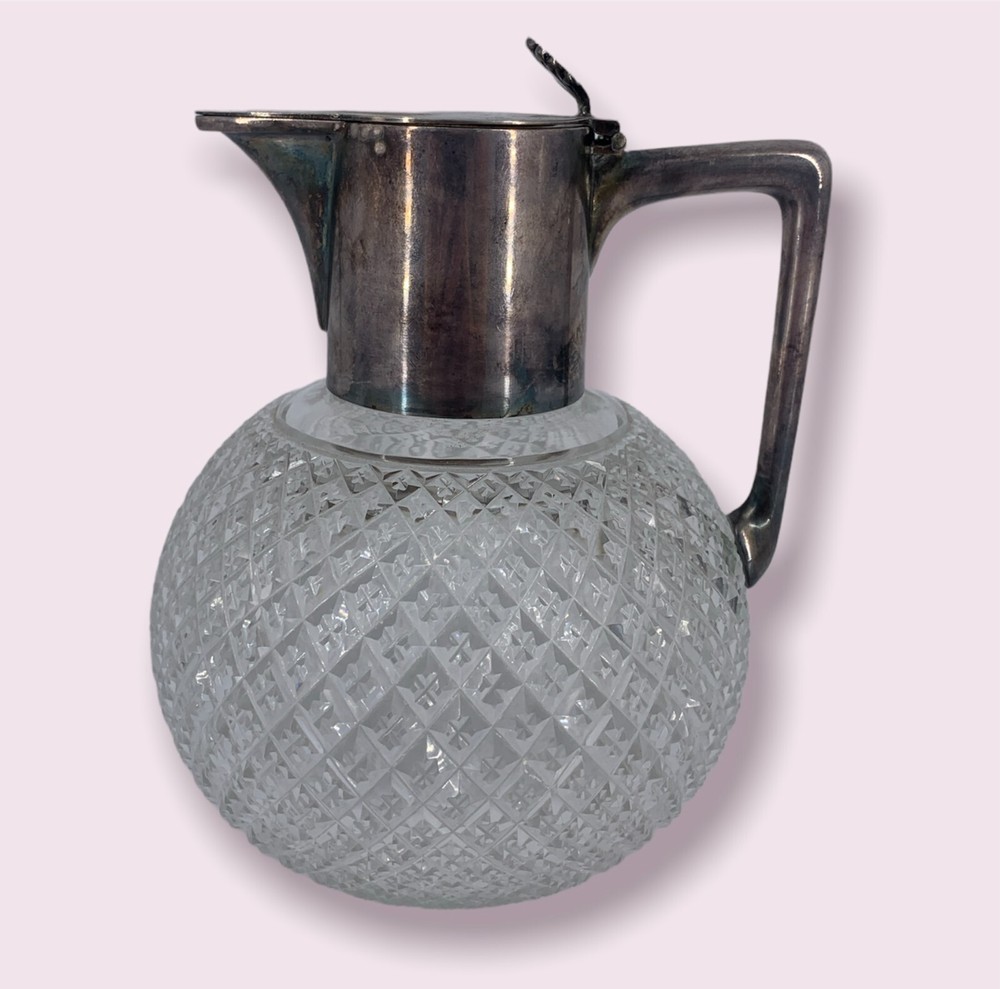 Antique Silver Plated Wheel Cut Glass Pitcher