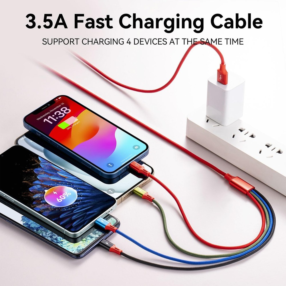 Multi Charging Cable 3.5A, [2Pack 6Ft] 4 in 1 Multiple Cord 6ft, Red