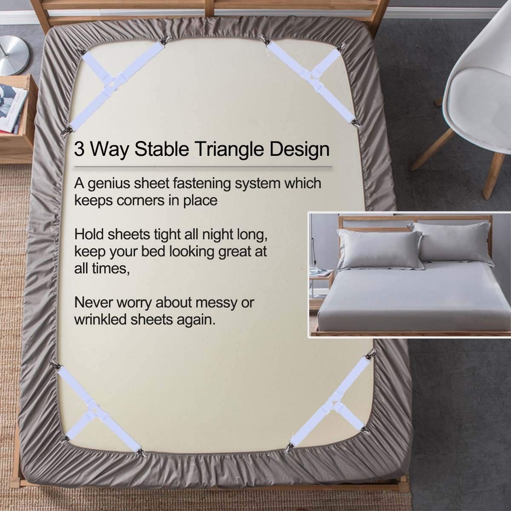4 PCS White Triangle Bed Sheet Holder Straps, Adjustable Elastic Corner Clips