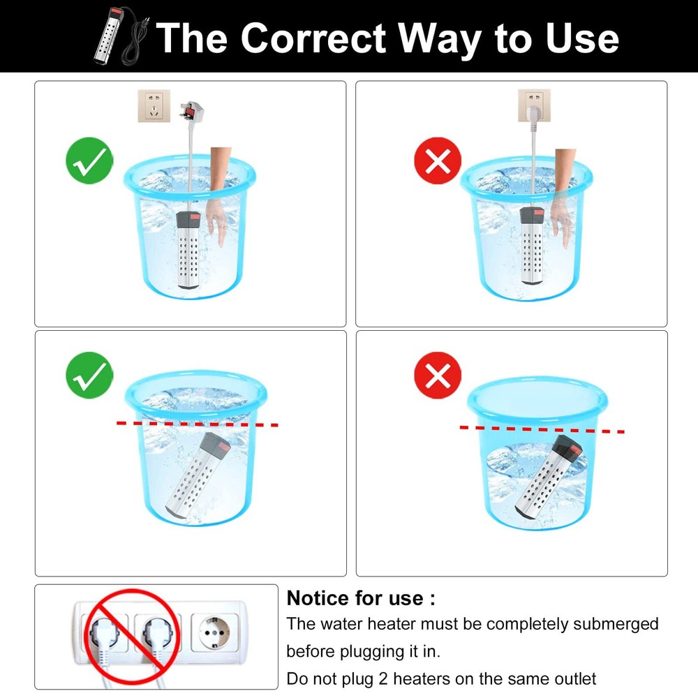 2000W Immersion Water Heater Portable Bucket Heater with 304 Stainless Steel ...