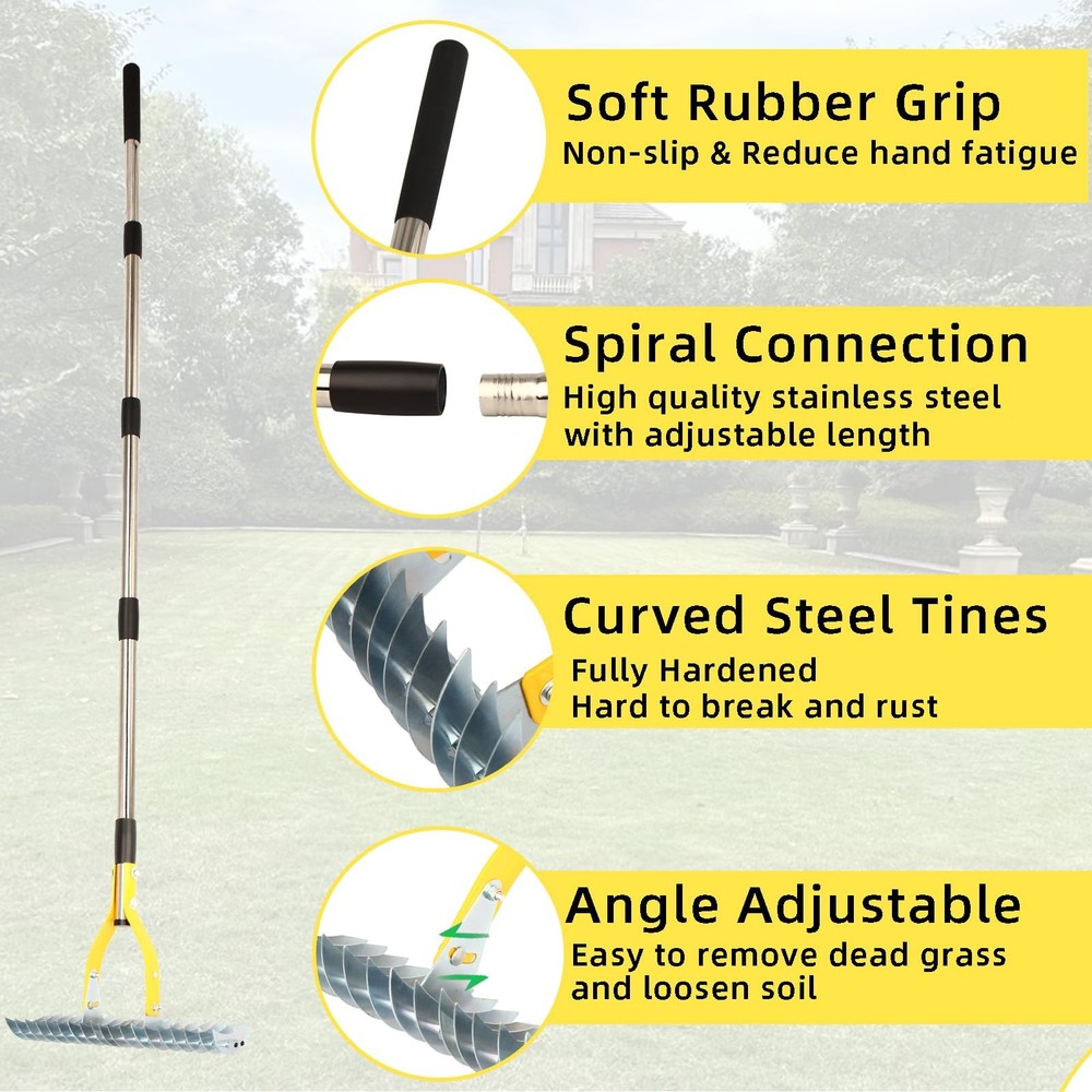 Thatch Rake 15 Inch Wide Efficient Dethatcher Rake for Cleaning Dead Grass, C...