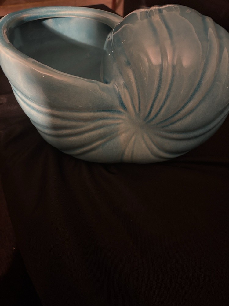 Blue Ceramic Seashell Planter Glossy Pottery 10" x 7" x 6" Solid Color