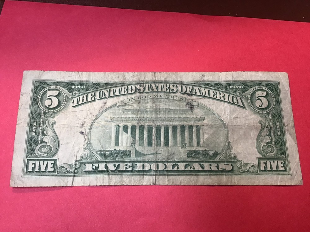 1963 or 1953 Five Dollar Red Seal $5 Red Seal Note US, 1 note