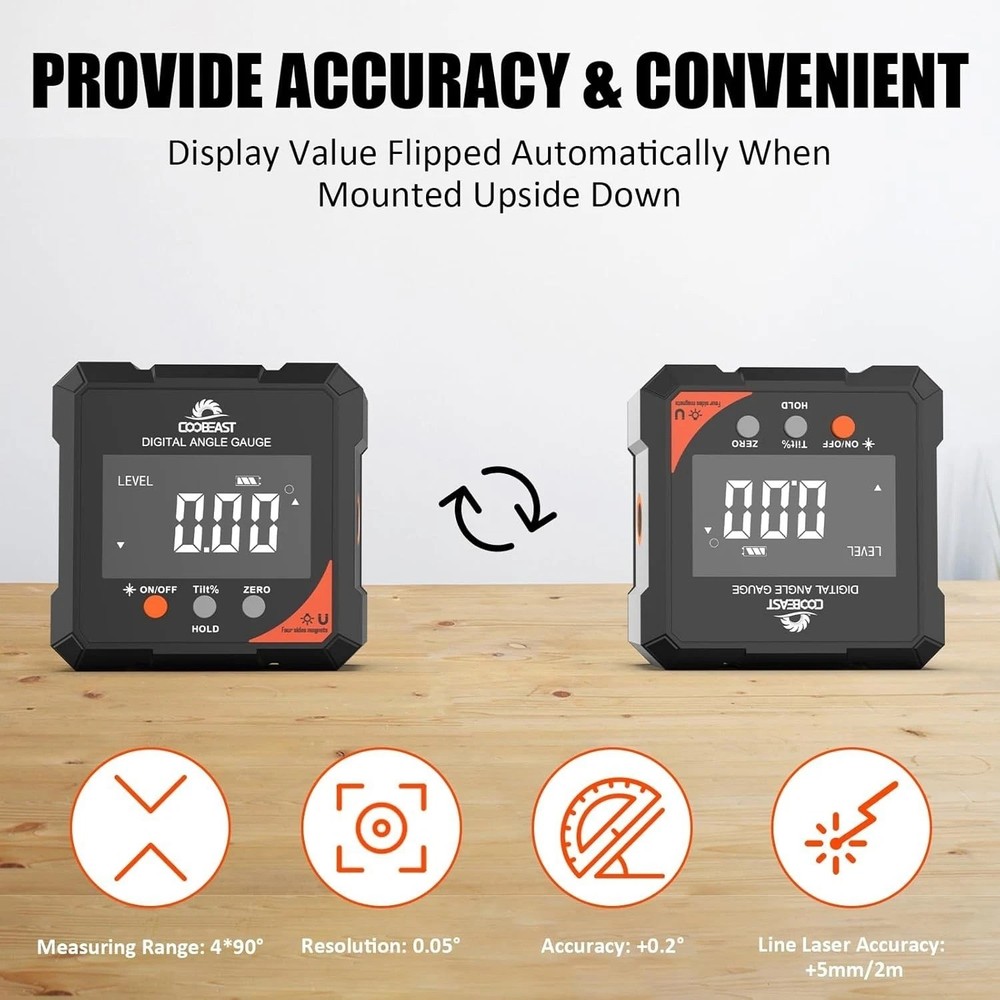 Precision Magnetic Digital Angle Finder with Laser - Rechargeable, Compact Tool