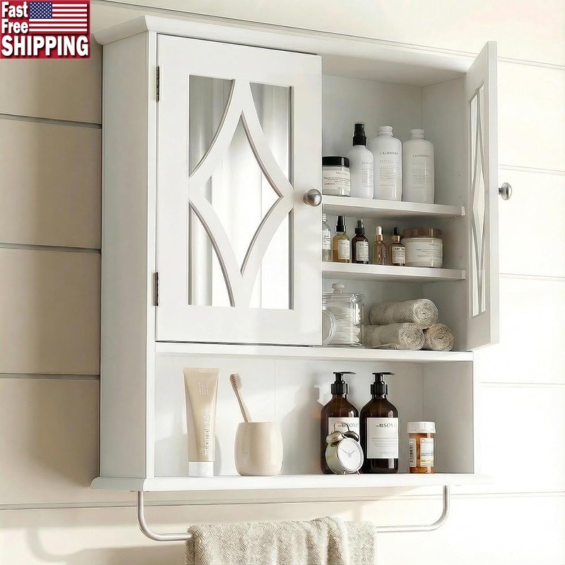 Multi-Functional Wall Mounted Cabinet W/ Towel Rack & Mirror Doors Storage New