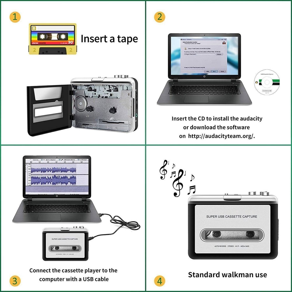 Portable USB Cassette to MP3 Converter No Software Needed Plug & Play for PC