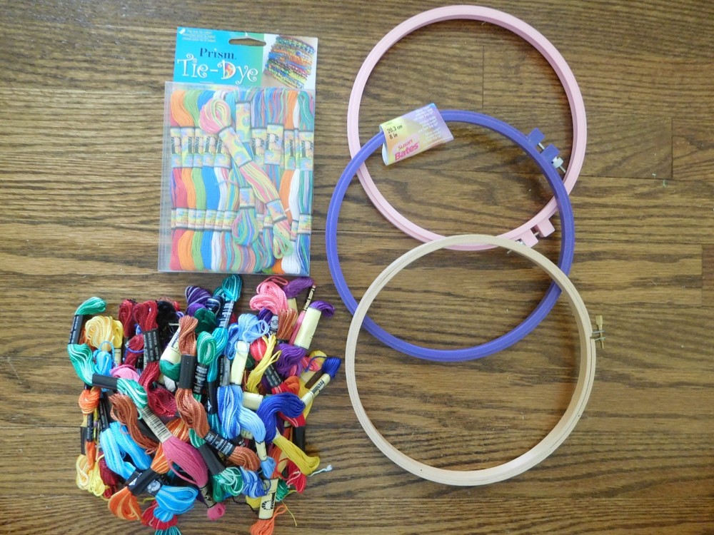 Embroidery Thread & Hoops -- solid colors & tie dye thread & 3 Embroidery Hoops