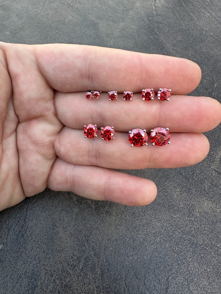 Real Ruby Red Moissanite Screwback Stud Earrings 925 Silver 3-8mm Iced Pass Test