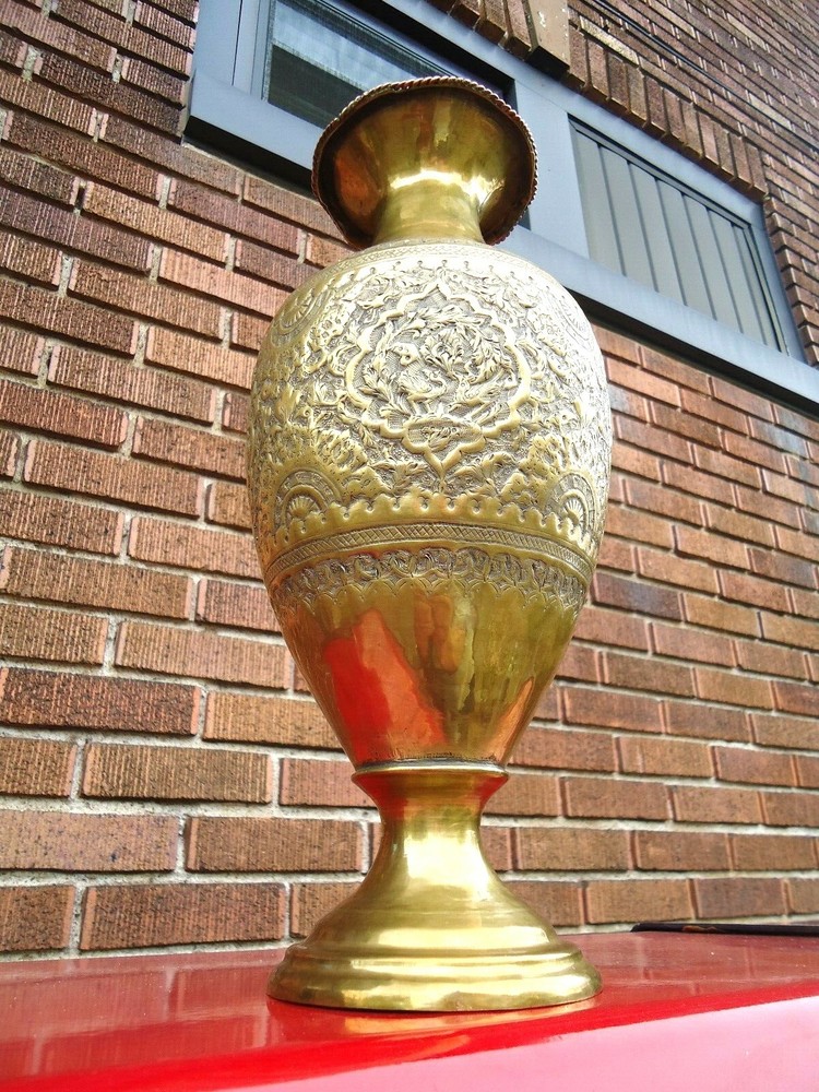 MIDDLE EASTERN BRASS VASE / URN REPOUSSE & CHASED 14 1/4 "