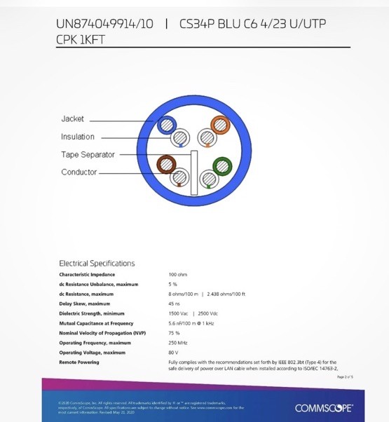 Commscope CS34P 23/4P Cat6 U/UTP WebTrak Plenum CMP Network Cable Blue /100 Ft