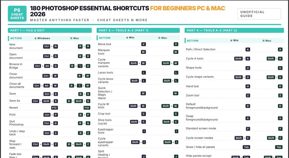 Photoshop Shortcuts Mac&PC Cheat Sheet Guide for Beginners 2026 Laminated Print