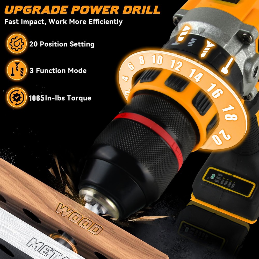 13mm Cordless Brushless Compact Impact Drill Driver Tools For Dewalt 20V Battery