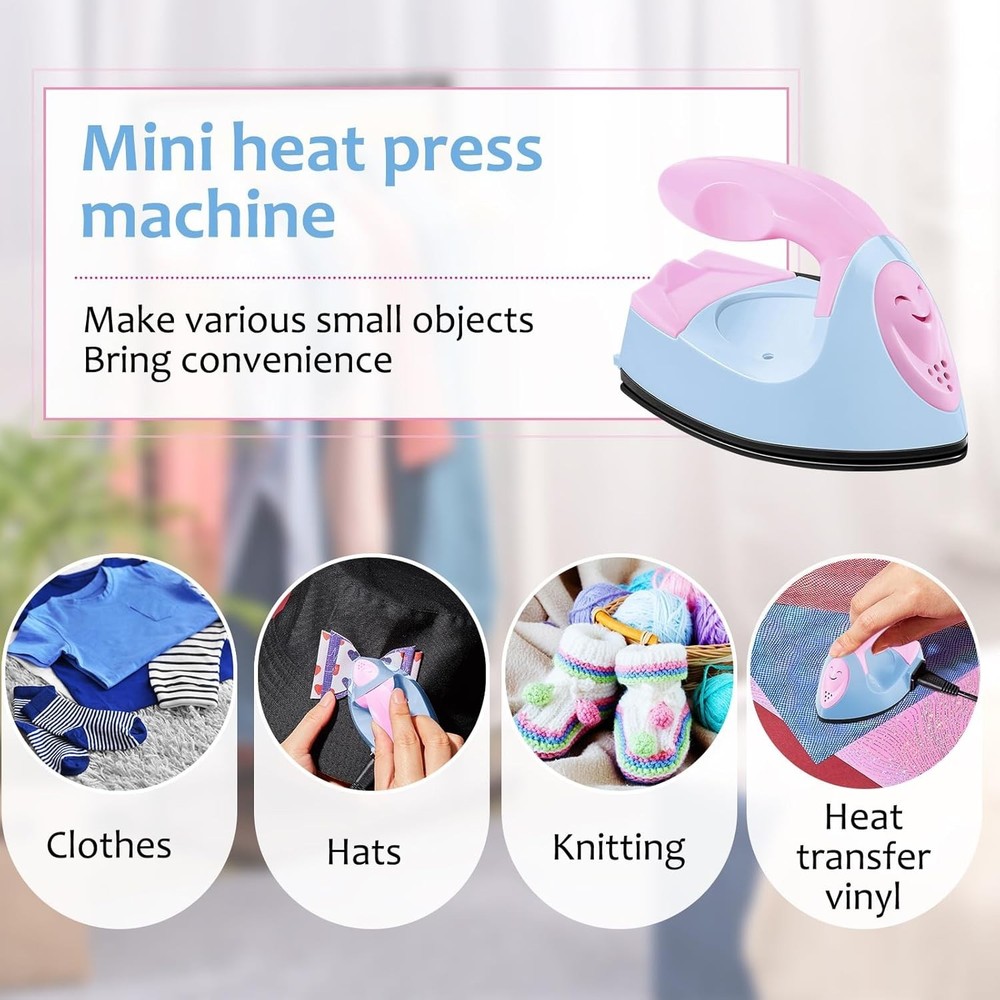 Compact Mini Heat Press Iron - Tiny Flatiron for Craft Projects in Pink/Blue