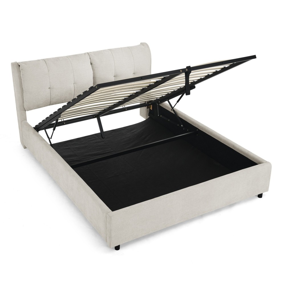Queen Size Upholstered Platform Bed Frame with Hydraulic Storage White/Black