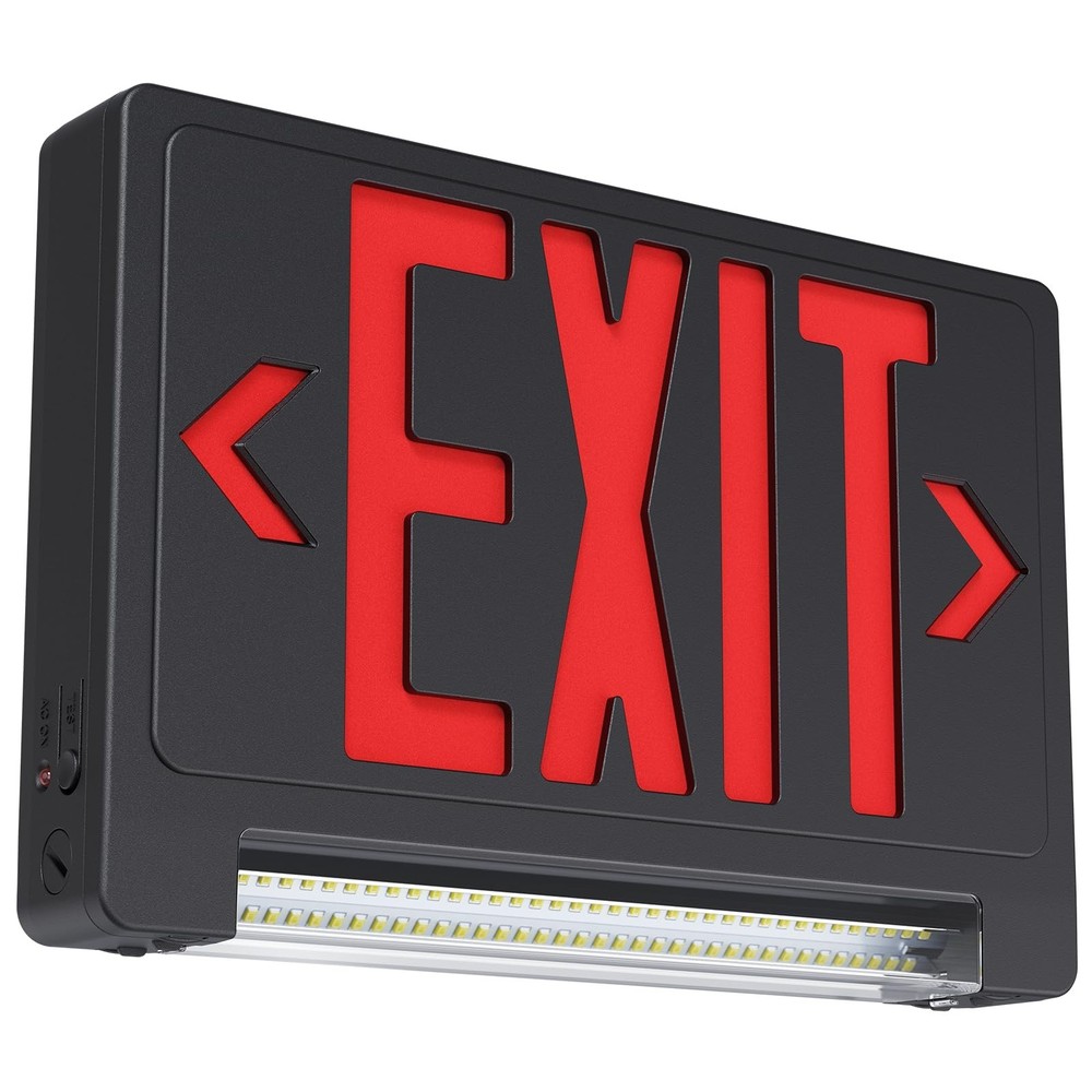 Adjustable LED Exit Sign with Emergency Light Bar, Hardwired, Battery Backup, UL