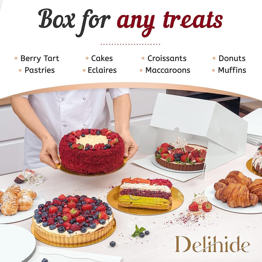 24 PCS 10 Inch Cake Bakery Boxes Window 12 Boards White/Gold FrontLoading